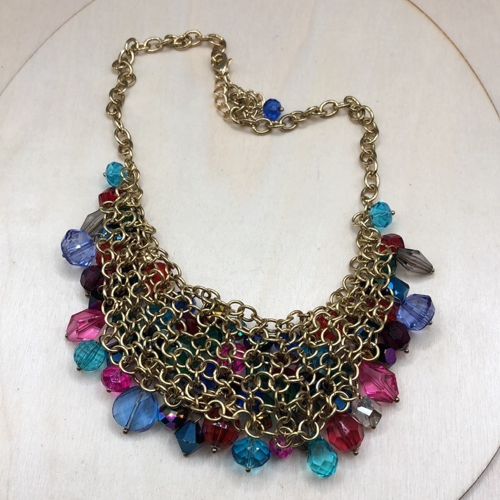 Gold tone colorful dazzling crystals chainmail bib necklace statement style. - Picture 5 of 6